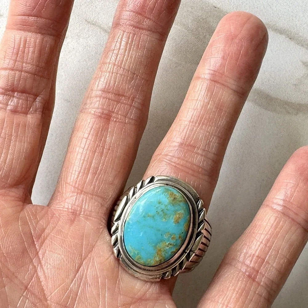 Navajo Mens Turquoise Ring Sz 12 Stamped Signed Denetdale Fans‎ Sterling Native